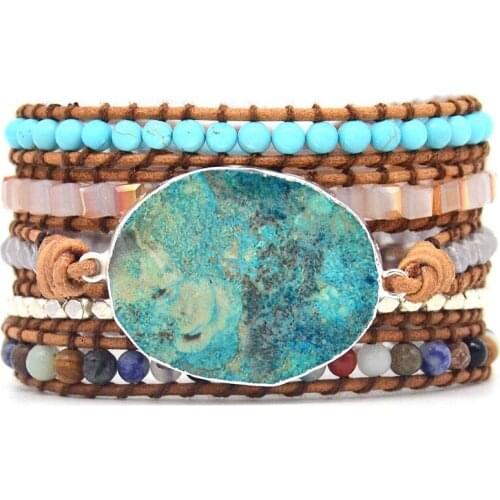 Ocean Blue Stone Bracelet Boho 5X Leather Friendship Wrap Bracelet Bohemia Jewelry Bohemian Bracelet