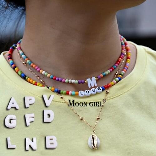 3pcs/Lot Initial Necklace for Women Fashion Colorful Beads Love Letter Choker Shell Pendant Boho Trendy Jewelry Accessoriec