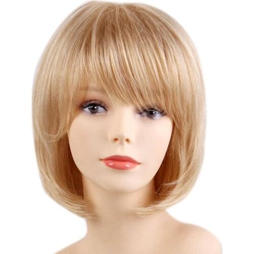 Fashion Bob Full Wigs Neat Bangs Blonde Gold Straight Wig Human Hair Wig 13"