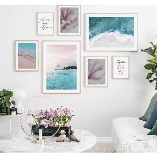 Scandinavian Style Poster Sea Beach Decorative Picture Pink Flower Quote Wall Art for Living Room Nordic Decoration Home Decor