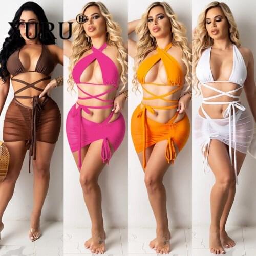 XURU European and American Beach Sexy Bikini Mesh Pure Color Bohemian Bikini Three-piece Sling Bikini Women