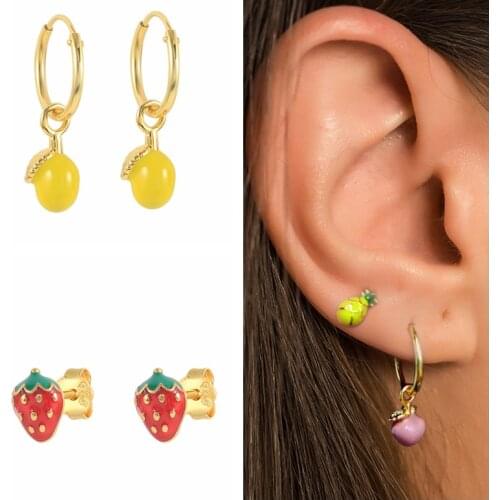 Aide 2021 Trend Summer Fruit Earrings For Women 925 Sterling Silver Aretes Strawberry Pineapple Huggie Pendientes Accesorios