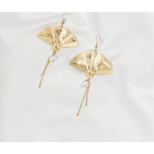 Women Vintage carved fan folding fan earrings Rhinestone Earrings Elegant Geometric Hanging Earring Jewelry 2021 New