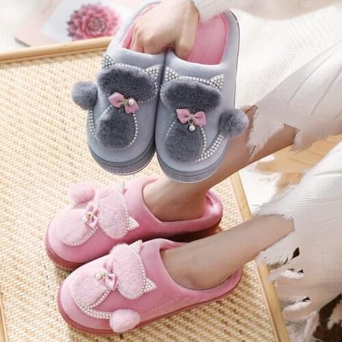 Ladies Cotton Slippers 2021 Autumn Winter Warm Cute Cat Pearl Platform Female Shoes Fashion Thick Bottom Indoor Womens Shoes