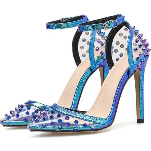2021 Womens Sandals Rivet Single Shoes Transparent Women High Heels Buckle Stiletto High Heel Sexy Wedding Party Womens Shoes