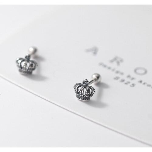 Genuine 925 Sterling Silver Vintage Crown Stud Earrings Mini Screw Back Jewelry for Women Girls