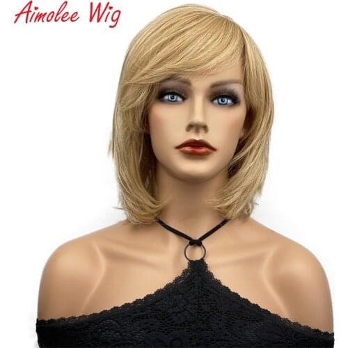 Aimolee Womens Synthetic Capless Wig Natural Hair Stawberry/Pale Blonde Medium Straight Layered Haircut Celebrity Wigs