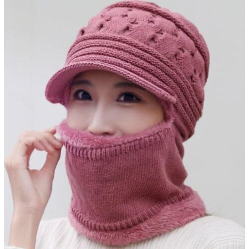 Ladies Winter Warm Rope Needle Plush Lining Warm Windproof Full Cover Drawstring Earmuffs Hooded Scarf