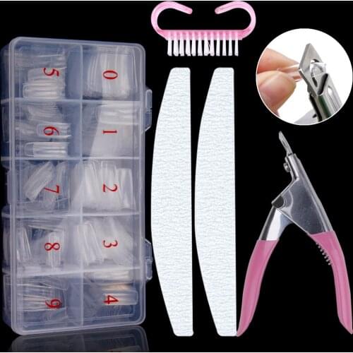 500pcs/Box Artificial Nail Tips Manicure Kit Full Cover Nails Cutter Scissors Nail File Lime 100/180 Double Side Nail Art Tools