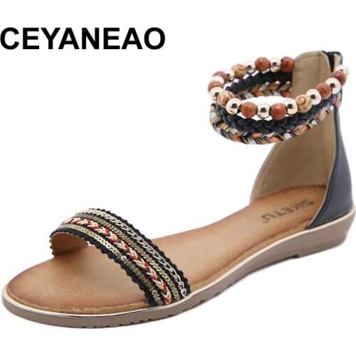 CEYANEAO 2021 New Roman Sandals Bohemian Beaded Ethnic Style Phnom Penh Large Size Wedge High Heel Flats