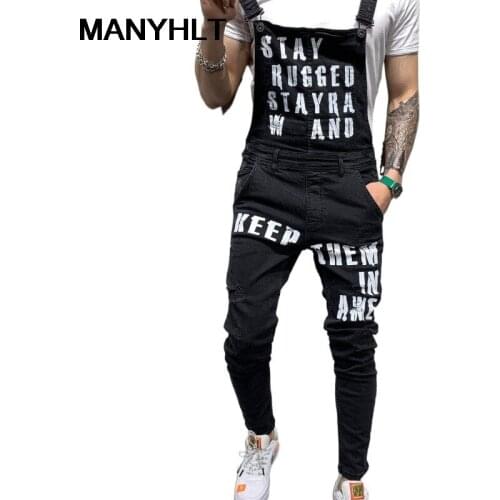 New Mens Clothing Jeans Fashionable Suspenders Denim Jumpers Tear Letter Pants Casual Loose Trousers Overalls Men