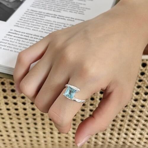 Authentic 925 Sterling Silver Jewelry Iirregular Texture Blue sapphire Square rings Adjust C-J1637