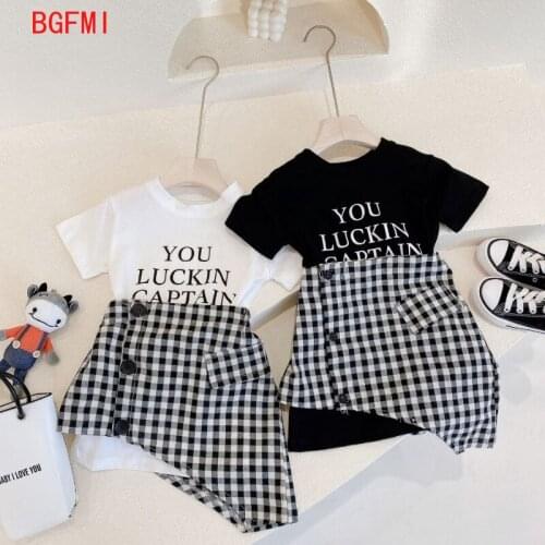 Girls' Summer Clothes 2021 new Baby girl suit Kid Childrens Clothing Short-sleeved top T-shirt + Asymmetry Plaid Skirt 2pcs set