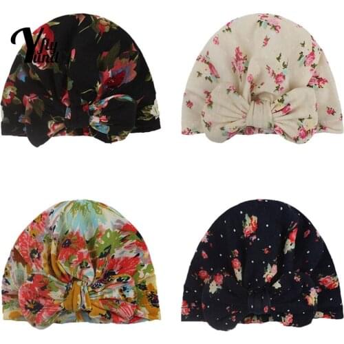 Yundfly Cute Handmade Bowknot Baby Girl Turban Hat Fashion Flowers Pattern Knitting Cotton Infant Cap Vintage Print Kid Headwear