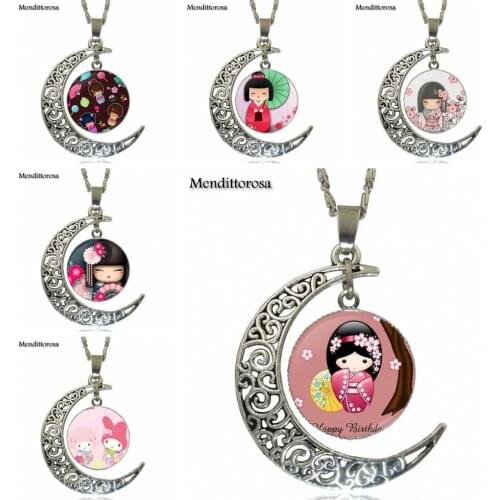 Cute Japanese Kokeshi Doll For Girls Gifts Fashion Necklace Handmade Moon Shape Choker Necklace Jewelry Multi Designs