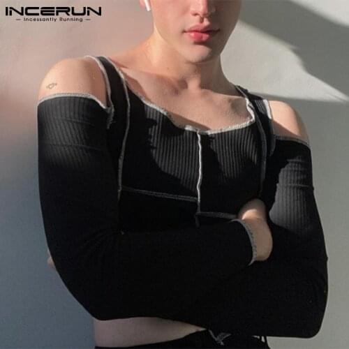 Men Crop Tops 2021 Patchwork Off Shoulder Streetwear Long Sleeve Knitted Casual Party T Shirts Fitness Sexy Camisetas INCERUN