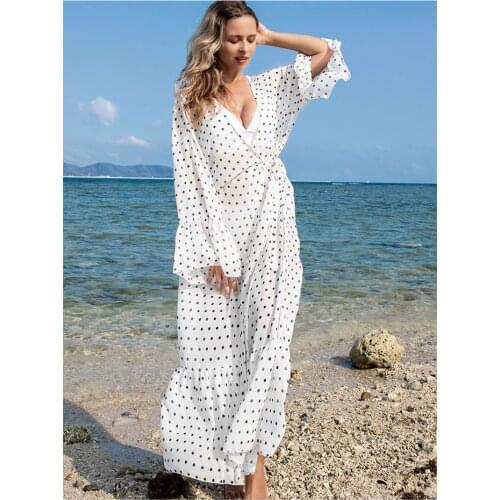 2020 NEW Sexy Bikini Cover up Swimsuit Dot beach Long dress Summer Beachwear Female Beach Loose Boho Dress Q097
