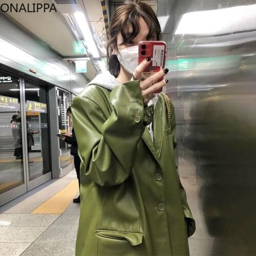 ONALIPPA Autumn Female Coats Korean Chic Vintage Suit Collar Three Buttons All-Match Loose Casual Long-Sleeved PU Leather Jacket