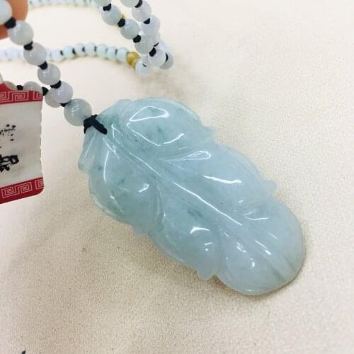 Natural Burmese Emerald Jade Carving Light Green Leaf Pendant with Emerald Tricolor Bead Necklace Sweater Chain