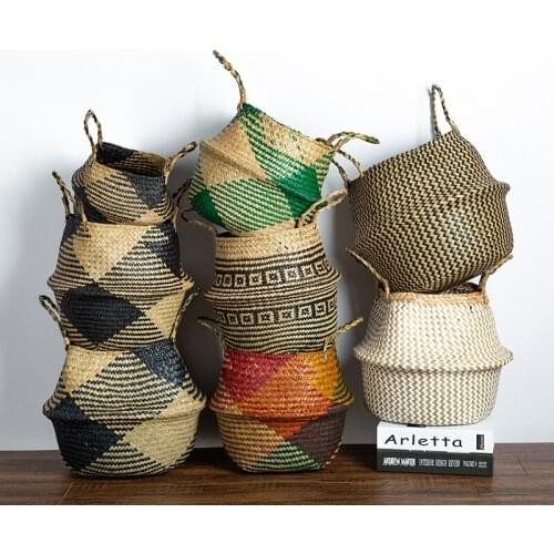 Multi-color Handmade Seagrass Storage Baskets Laundry Organizer Wicker Hanging Flower Pot Toy Container Home Decor Dropshipping