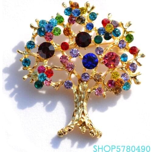 Rhinestone Tree Cute Brooch Gold Color Women Crystal Breast Pin Lady Corsage Coats Accessories Ornaments Fashion Jewelry Luxury
