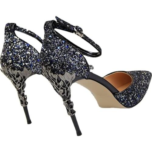 Silver crystal wedding shoes pointed toe 2021 summer new large size high heels stiletto sequins buckle sandals wedding shoes