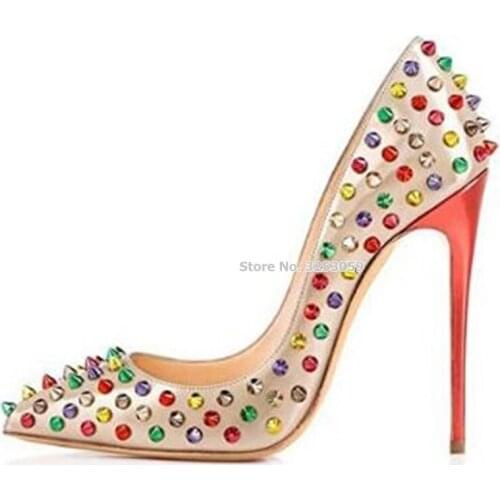 ALMUDENA Multi-color Rivets Pointed Toe High Heels Gold White Black 12cm 10cm 8cm Colorzied Studded Dress Pumps Wedding Shoes