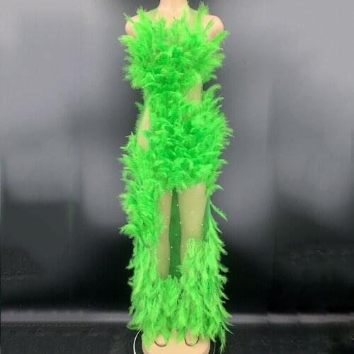 Green Rhinestone Feather Transparent Long Dress Birthday Celebrate Outfit Bar Women Dancer Prom Party Wear Singer Dresses DT2952