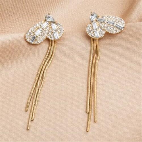 Korean Style Temperament Long Tassel Earrings Luxury Crystal Butterfly Womens Stud Earrings Trendy Party Jewelry