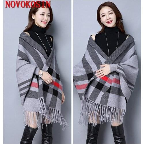 Lady Knitted Grey Khaki Cardigans Long Batwing Sleeves Thick Poncho Autumn Winter Shawl Striped Wrap Open Stitch Tassel Cloak