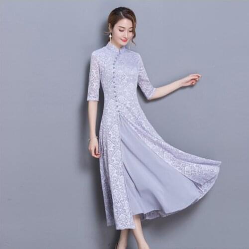 Ao Dai cheongsam Vietnam lace Stand collar Women Dress Traditional Chinese Spring
