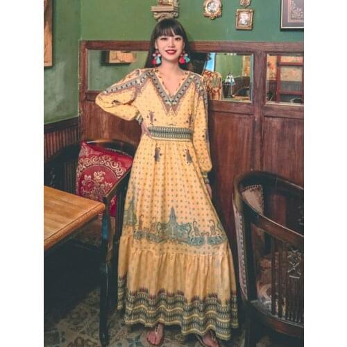 Summer New Womens Dress Bohemian Travel Holiday Beach Wind Print Dress Retro Lantern Sleeve Big Skirt Hem Long Dress