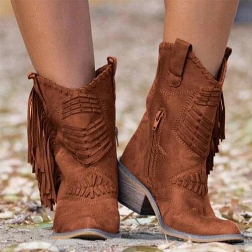 2020 Winter Ladies Boots Fringed Zipper Low Heel Ankle Boots Vintage Calfskin Boots Ladies Pirate Boots Winter Warm Women Boots