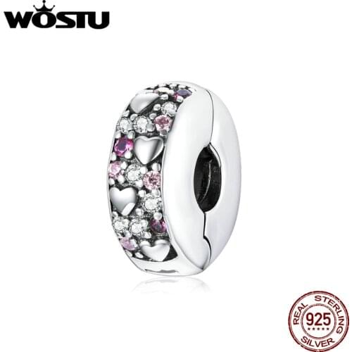 WOSTU 925 Sterling Silver Shining Simple Heart Charms CZ Bead Fit Women Silver Original DIY Bracelet Accessories Jewelry DXC1745
