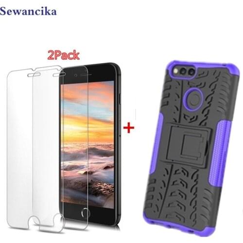 Kickstand Phone case for Huawei Honor 7X (5.93") Armor hybrid PC + TPU 2in1(1 Case+ 2pcs Protective glass) sport case cover