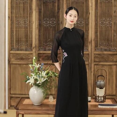 Black Slim Vintage Long Qipao Hanfu Women Chinese Traditional Dress Cheongsam Robe Orientale Vestido Chino Mujer Modern Eleganti