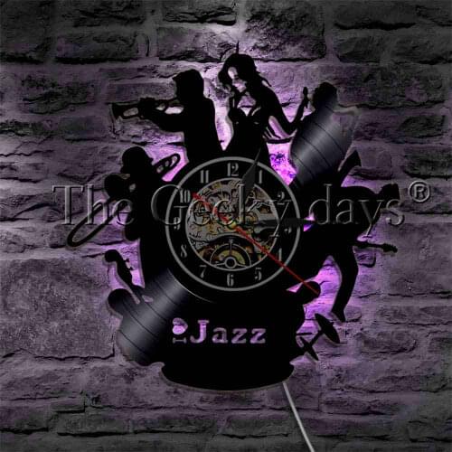 Classical Jazz Music Band Sign Saxophone LED Light Vinyl Record Wall Clock Modern Lamp Musical Instrument For Jazz Gift
