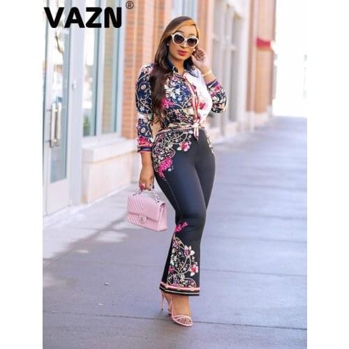 VAZN GYC11767 Summer Flower O-neck Print Slim Elegant Office Sexy 2019 Set Long Sleeve Long Pant 2 Piece Sets Night Club Sets