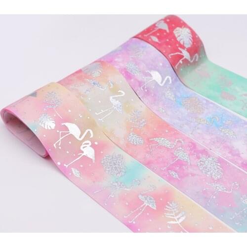 7.5cmx1Yard ) Pink Purple Flamingo Turtle leaf Printed Grosgrain Ribbon Wedding Hawaii Party DIY Decoration Sliver Foil Ribbon