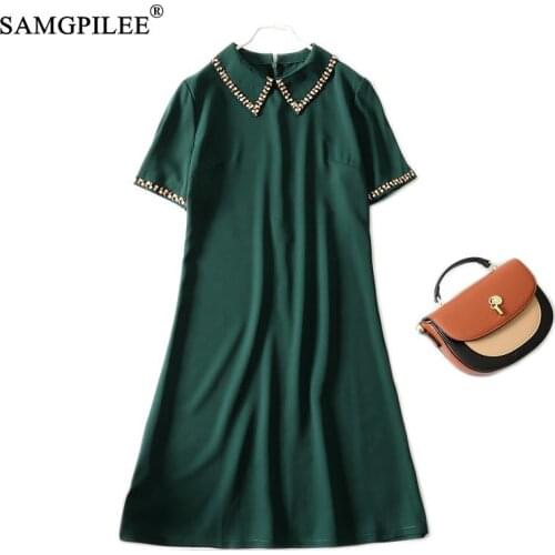 Summer Dress For Woman 2021 New High Quality Beaded Doll Collar Short-sleeved Luxury Knee Length Plus Size Women Dresses 4XL