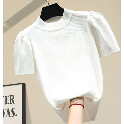 Fashion O collar Solid color sweater bottoming shirt womens Puff sleeve thin pullover summer Ice silk Short sleeve