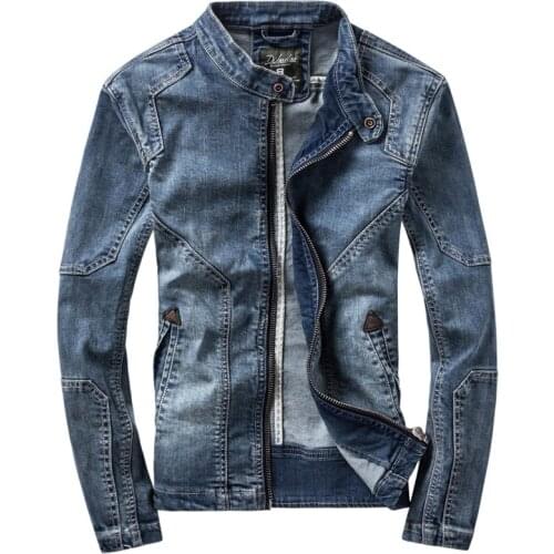 Mens Jacket Washed Denim Cotton Jacket Elastic Zipper Shirt Slim Solid Color Jacket Casual Mountaineering Casual Denim Blue