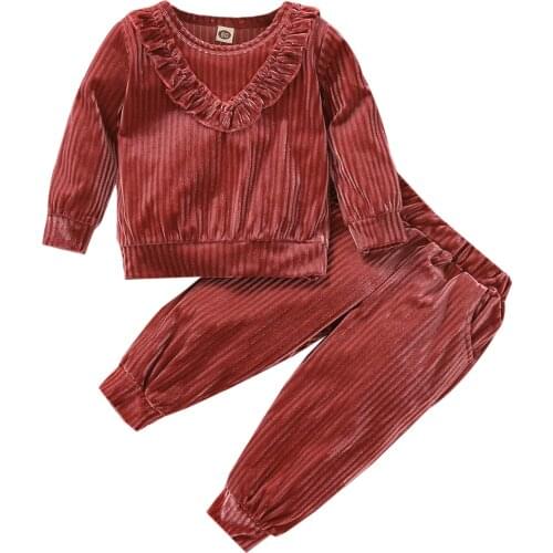 2Pcs Baby Girls Autumn Tracksuit, Velvet Solid Color O-Neck Long Sleeve Pullover + Casual Pants for Toddlers, 6-24 Months