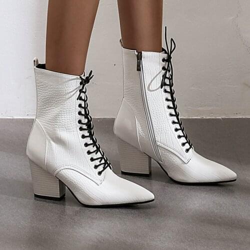 Autumn Womens Short Boots New Fashion Cross Tied Thick Heel Pointed Ankle Boots Lady Winter Stone Pattern Zipper Womens Shoes