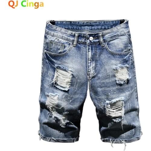 QJ CINGA Summer New Men Vintage Ripped Short Jeans Streetwear Hole Light Blue Denim Shorts Male Brand Slacks 27-36