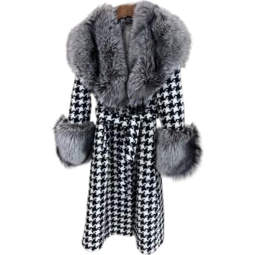 Luxury Natural Real Fur Coat Women Super Large Big Fox Fur Collar and Cuffs Houndstooth woolen coat