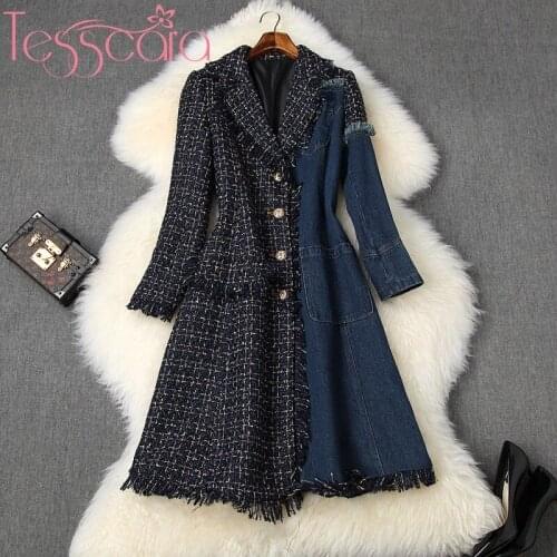 TESSCARA Women Runway Designer Long Denim Blazer Jacket Coat High Quality Vintage Wool Blend Cocktail Party Outerwear & Coats