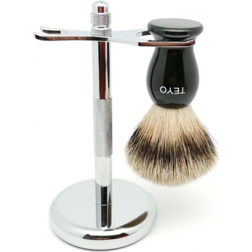 TEYO Silvertip Badger Hair Shaving Brush and Shaving Stand Set Perfect for Wet Shave Cream Beard Brush