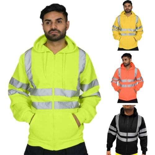 3M High Reflective Strip Hoodies Mens Plush Jacket Sweatshirt Cardigan Mens Clothing Stock Winter Outdoor Safety Thick Jacket