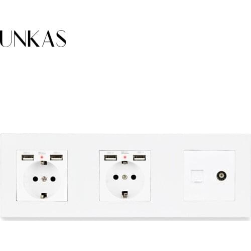 UNKAS EU Standard Black Plastic Panel Double Socket with 4 USB Charging Port + RJ11 Telephone Connector + TV Connector